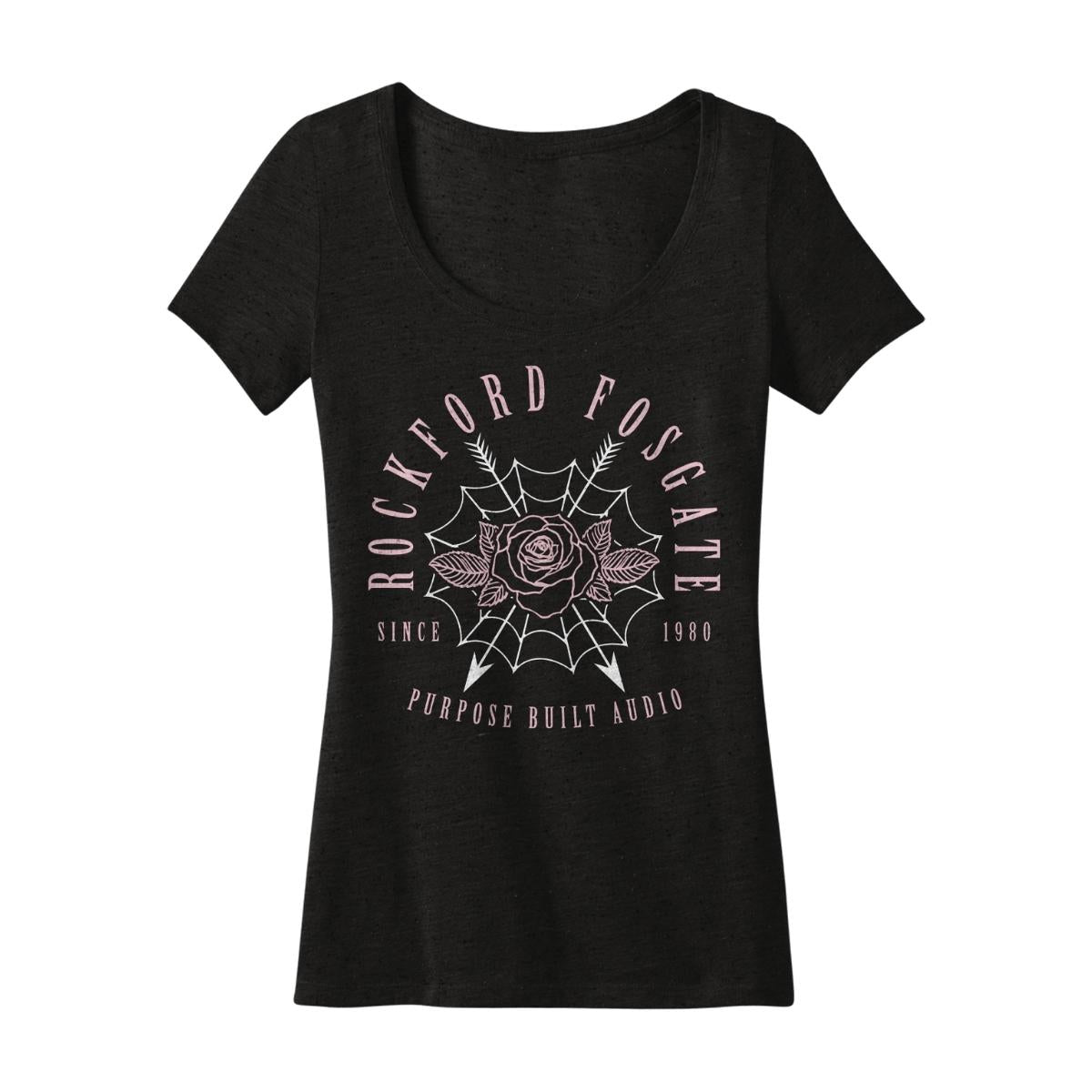 POP-WNSWEB19 Ladies black V-neck with web and rose graphic